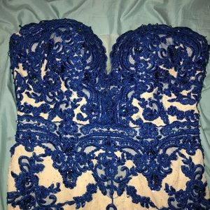 Blue and beige lace and beaded prom dress